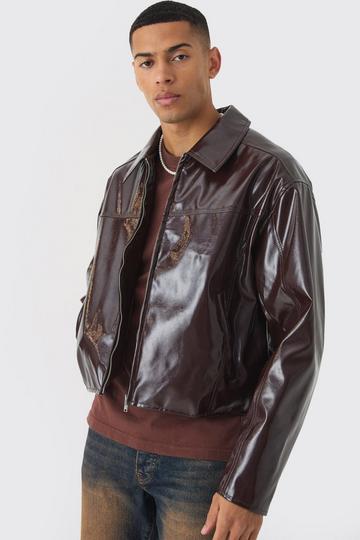 Red Boxy Vinyl PU Harrington Jacket In Burgundy