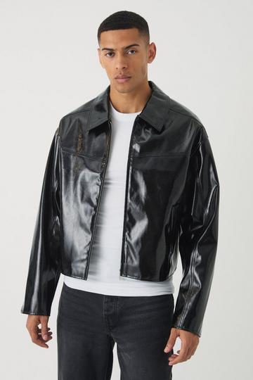 Black Boxy Vinyl PU Harrington Jacket In Black