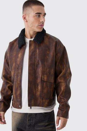 Boxy Washed PU Harrington Jacket With Borg Collar In Brown brown