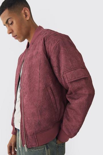 Red Boxy Crinkle Washed Padded Bomber Jacket In Red