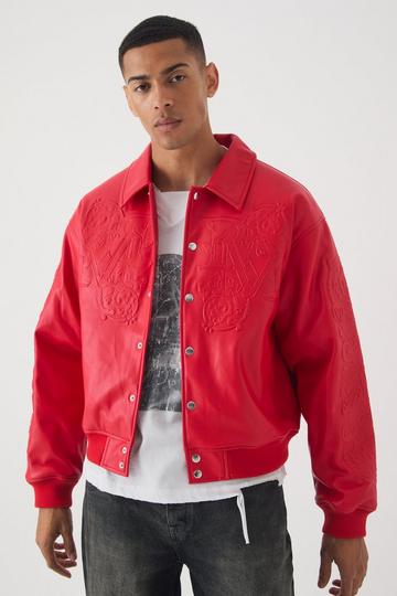 Boxy Homme Embossed Pu Bomber Jacket In Red red