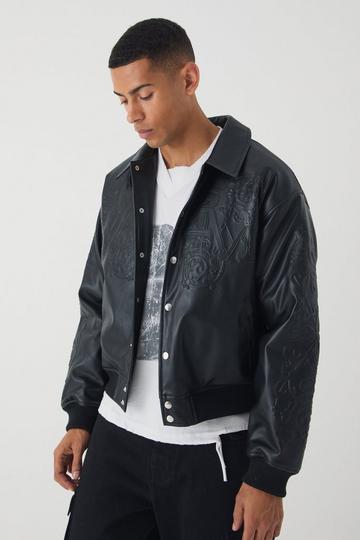 Black Boxy Homme Embossed Pu Bomber Jacket In Black