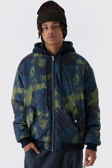 Oversized Abstract Print Hooded Bomber Jacket In Navy navy