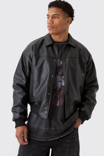 Boxy Debossed Collared Pu Bomber Jacket In Black black