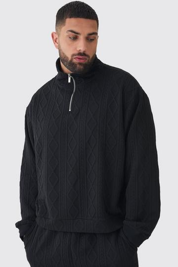 Plus Cable Knit Look Oversized Boxy 1/4 Zip Funnel Neck Sweat black