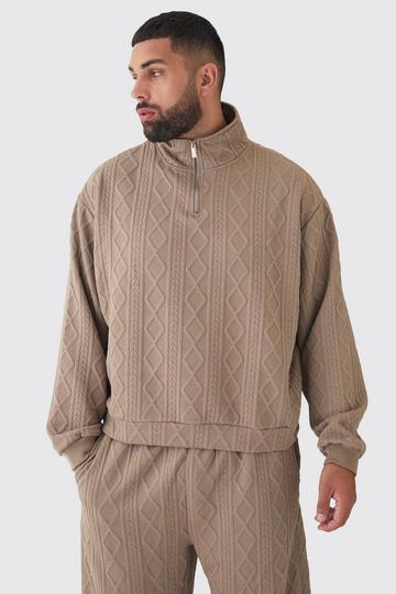 Plus Cable Knit Look Oversized Boxy 1/4 Zip Funnel Neck Sweat mocha