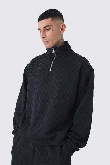 Tall Cable Knit Look Oversized Boxy 1/4 Zip Funnel Neck Sweat black