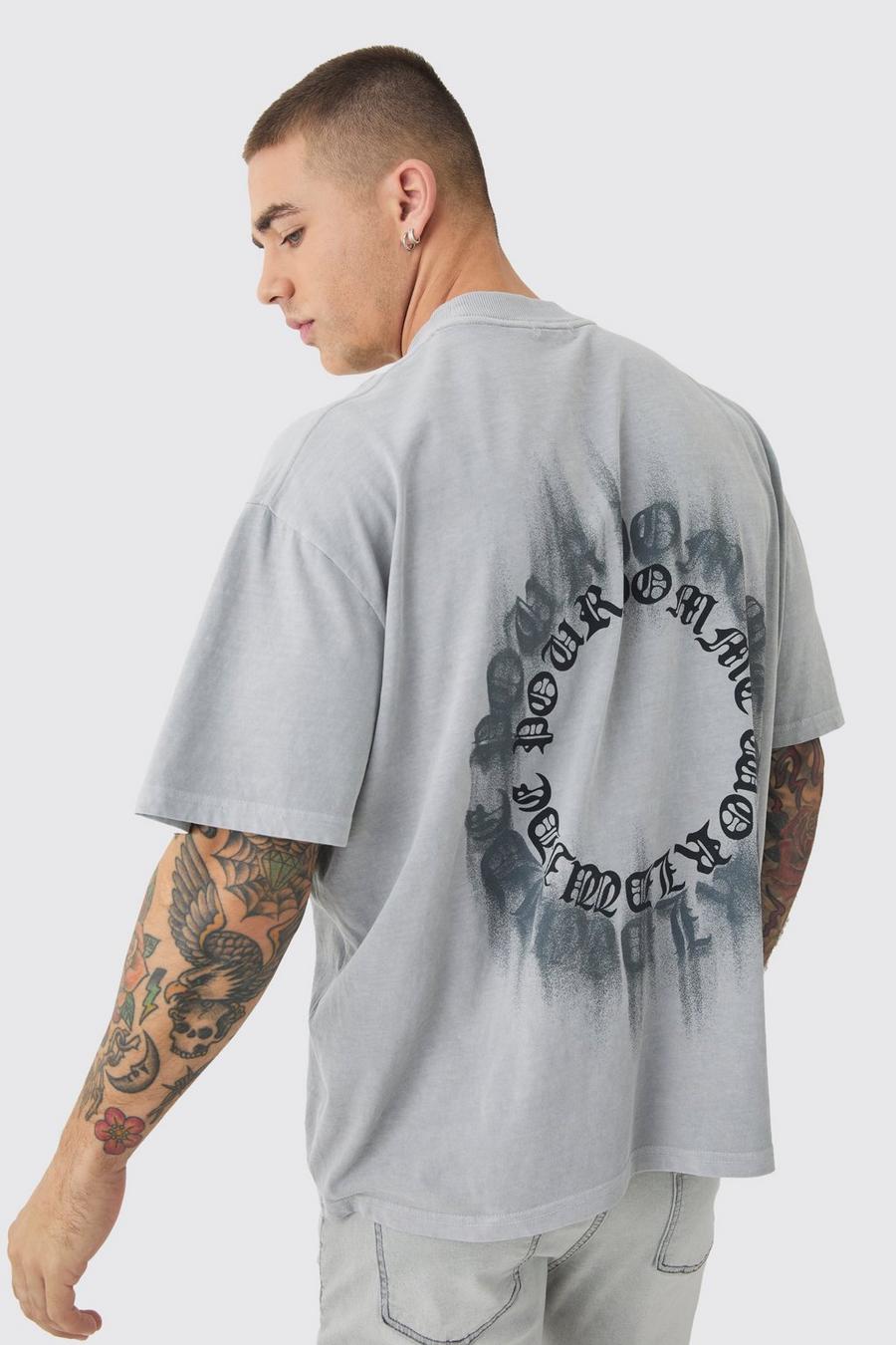 Light grey Oversized Boxy Extended Neck Washed Homme Print T-shirt image number 1
