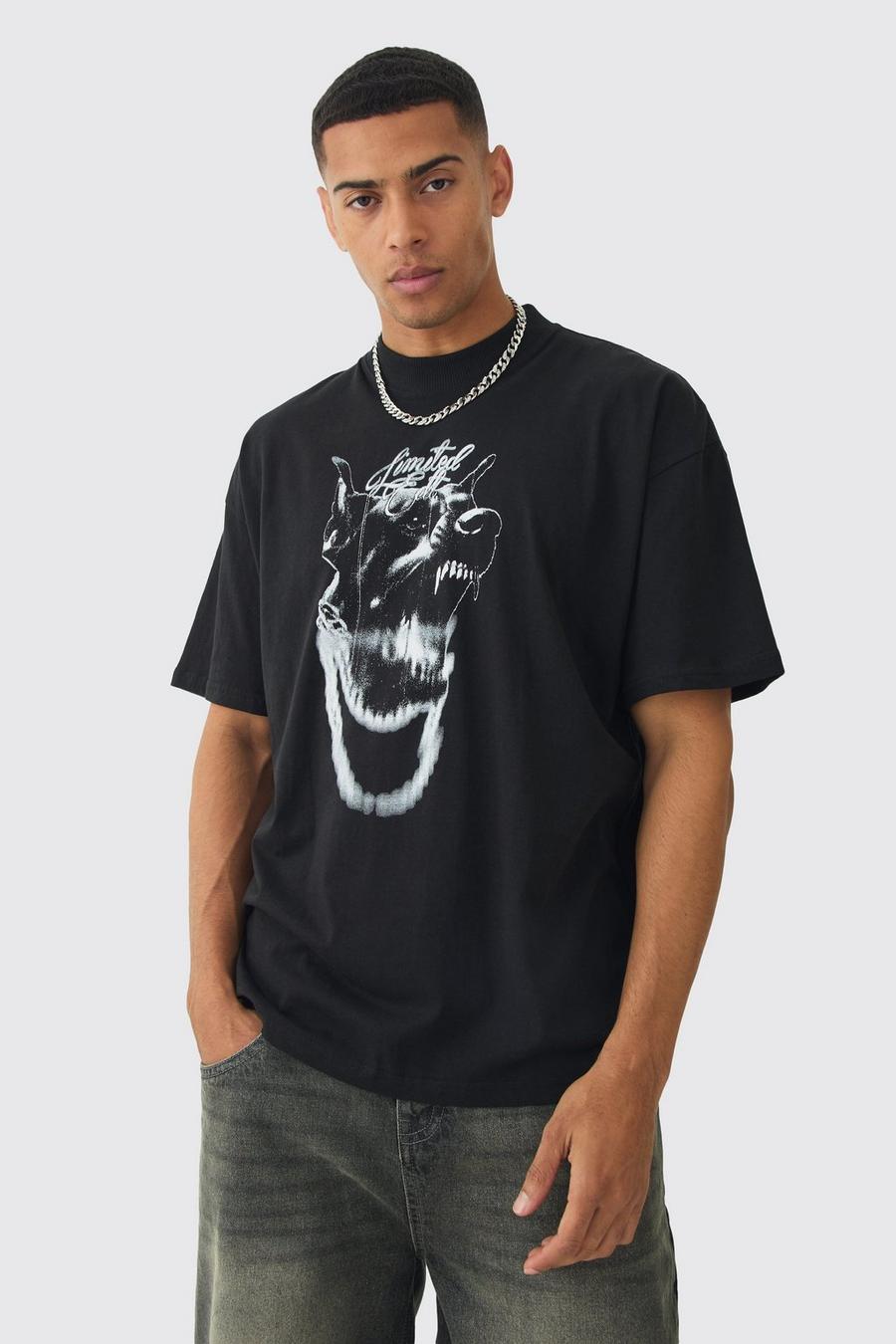 Black Oversized Extended Neck Dog Graphic T-shirt image number 1