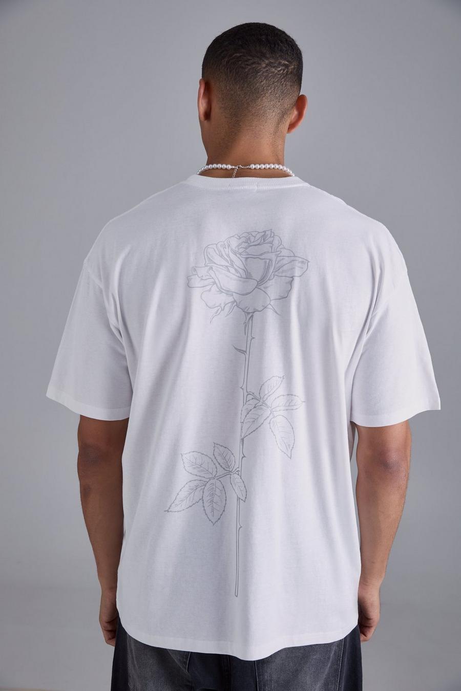 White Oversized Line Drawing Rose Stem Print T-shirt image number 1