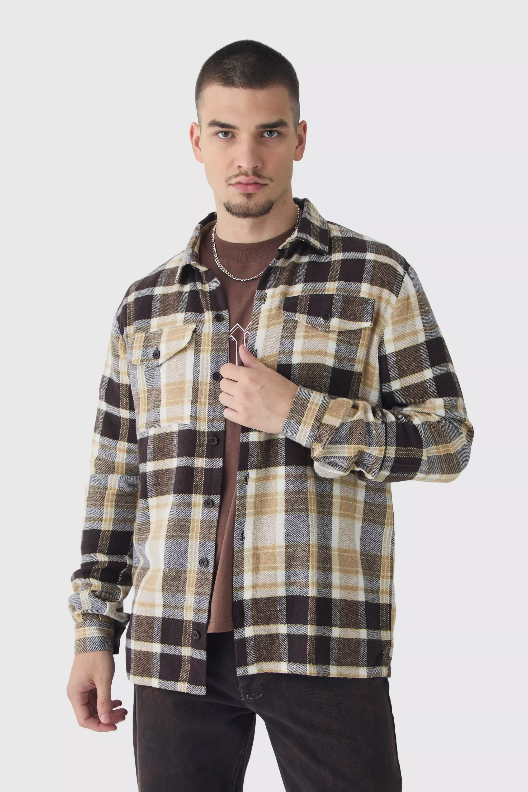 Tall Regular Fit Tan Large Scale Brushed Checked Shirt alternative image