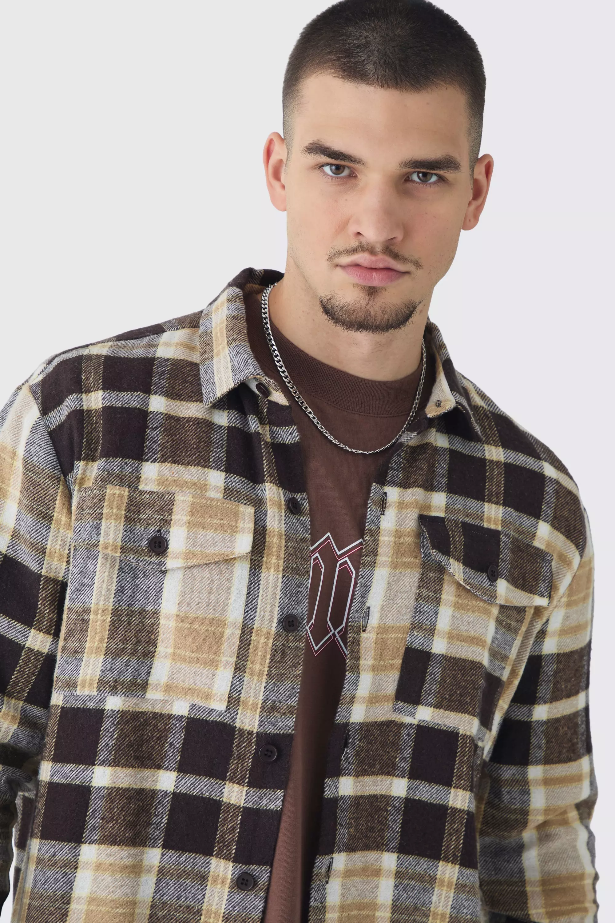 Tall Regular Fit Tan Large Scale Brushed Checked Shirt alternative image