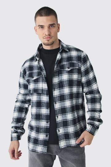 Tall Oversized Fit Large Scale Mono Brushed Flannel Shirt black