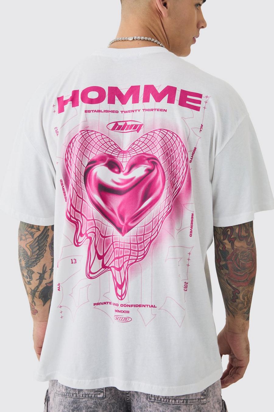 White Oversized Geometric Heart Graphic T-shirt
