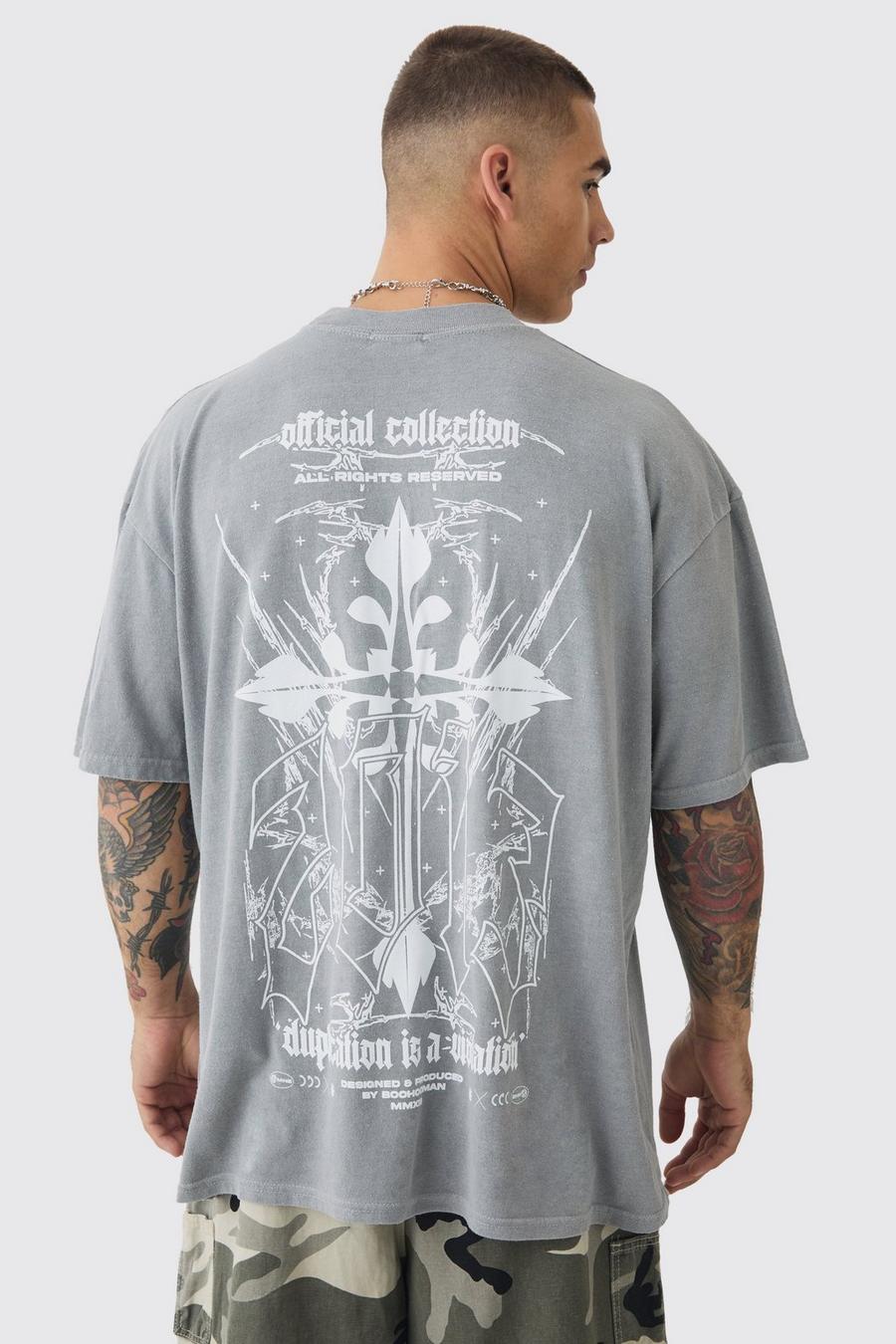 Grey Oversized Extended Neck Gothic Cross T-shirt image number 1