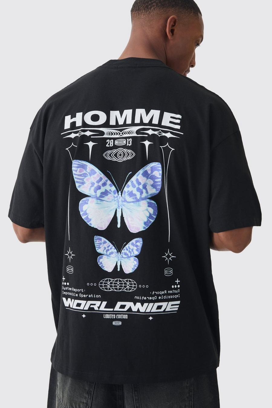Black Oversized Extended Neck Homme Butterfly Print T-shirt