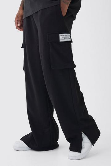 Black Plus Woven Tab Split Hem Relaxed Cargo Sweatpants