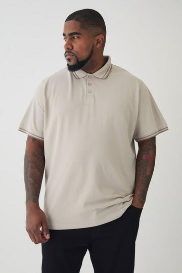 Plus Slim Tipped Pique Polo In Stone stone