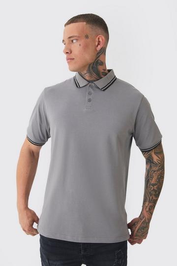 Tall Slim Tipped Pique Polo In Slate Grey grey