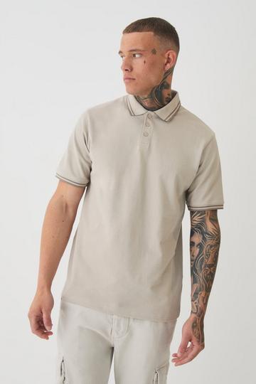 Tall Slim Tipped Pique Polo In Stone stone