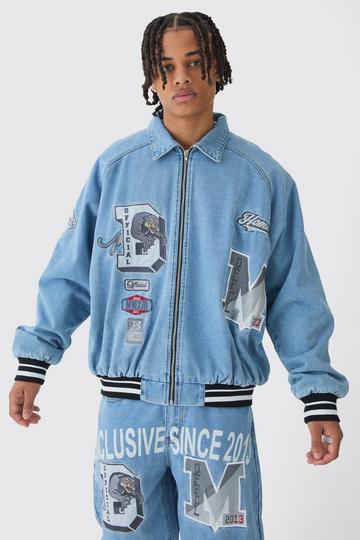 Blue Oversized Denim Exclusive Applique Bomber Jacket