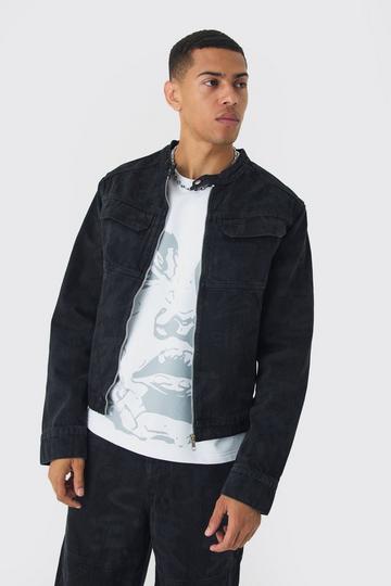 Slim Boxy Denim Graffiti Laser Print Biker Jacket black