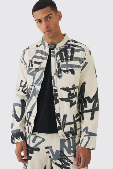 Slim Boxy Denim Graffiti Laser Print Biker Jacket ecru