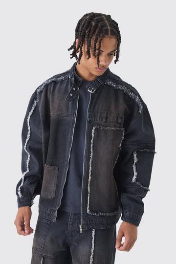 Black Oversized Dirty Wash Carpenter Denim Moto Jacket