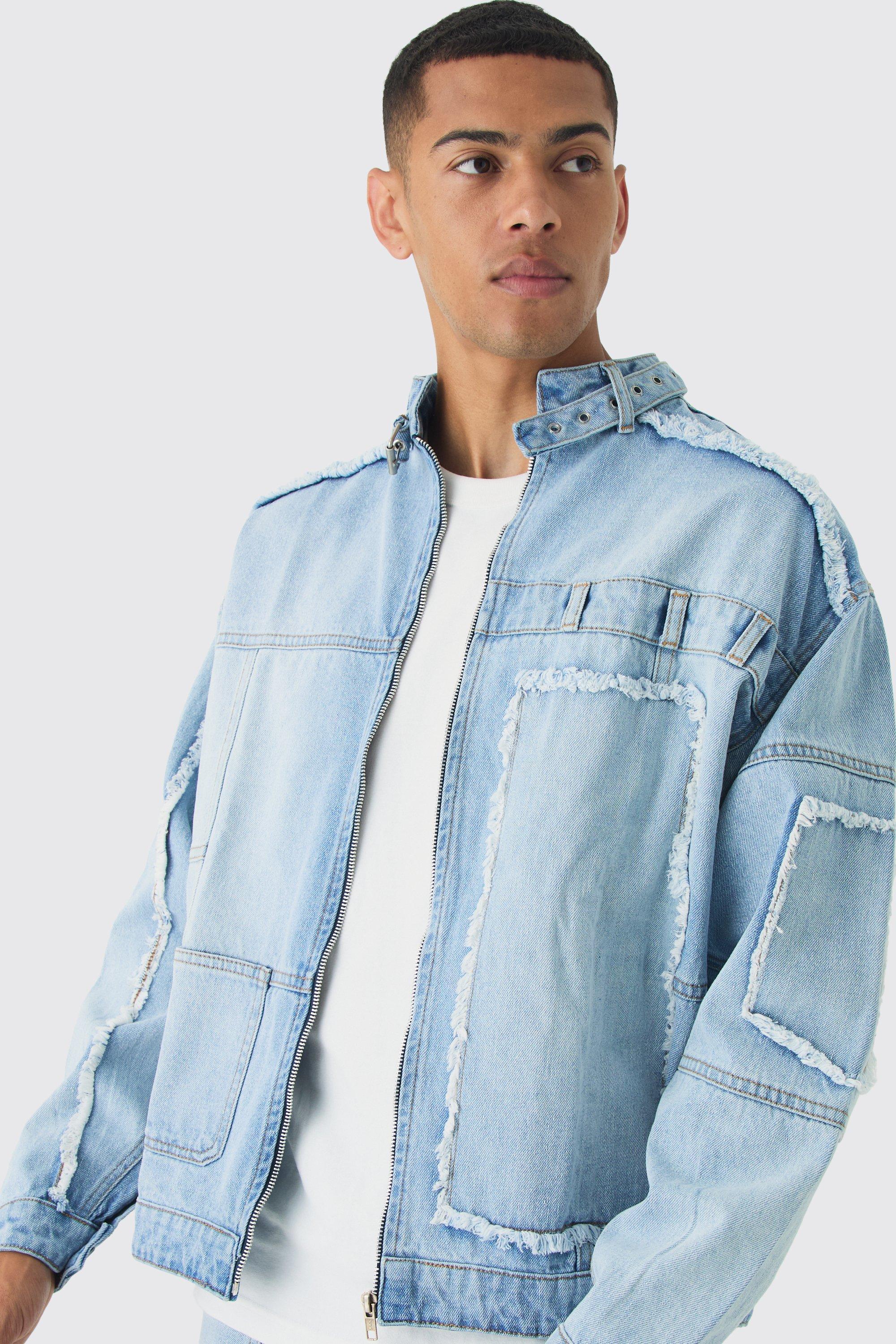 Light blue Oversized Dirty Wash Carpenter Denim Biker Jacket