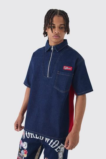 Oversized Zip Through Badge Denim Shirt indigo