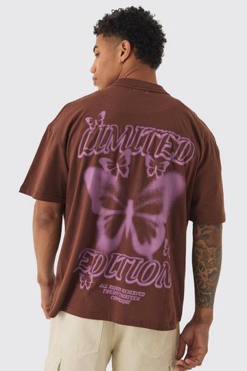 Oversized Extended Neck Blurred Butterfly Graphic T-Shirt chocolate