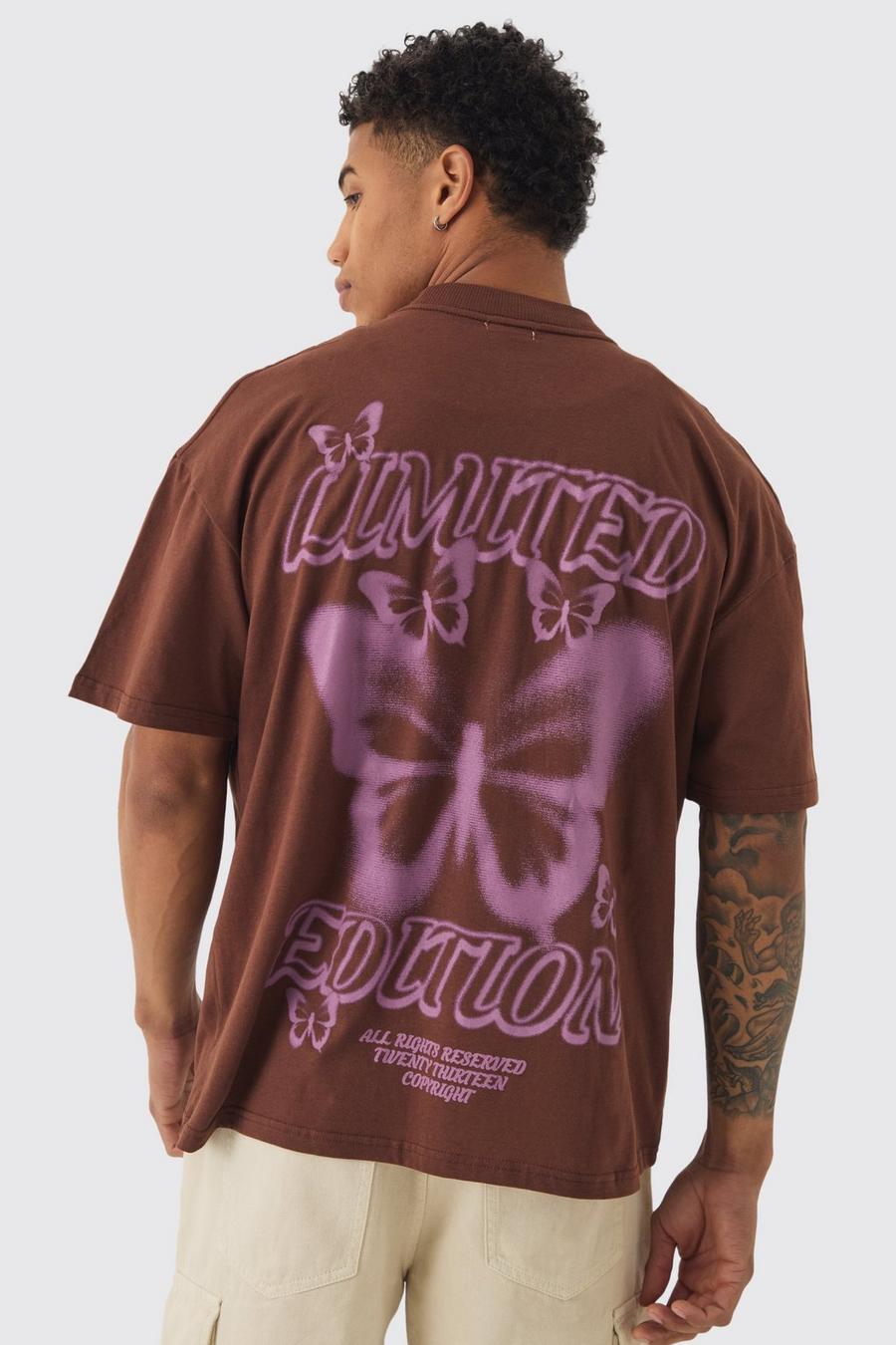 Chocolate Oversized Extended Neck Blurred Butterfly Print T-shirt