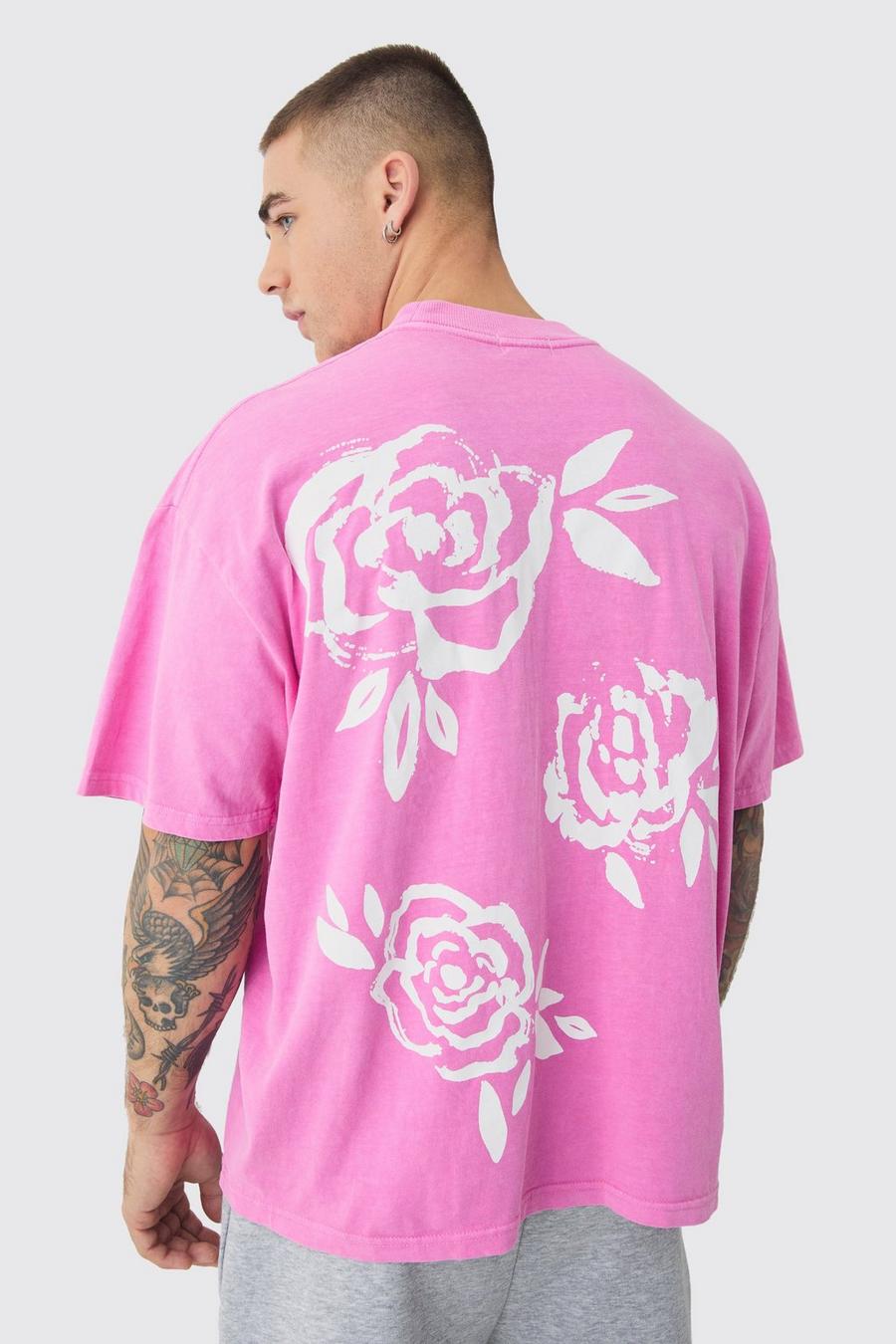 Pink Oversized Extended Neck Floral Print T-shirt