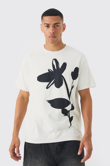 Oversized Gebleekt Bloemen T-Shirt Met Brede Nek En Tekening ecru