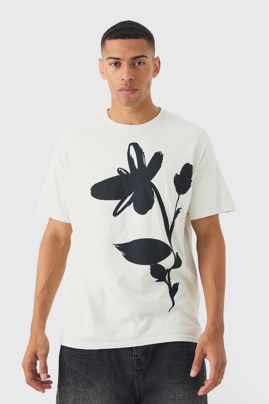 Ecru Oversized Floral Drawing Print Wash T-shirt