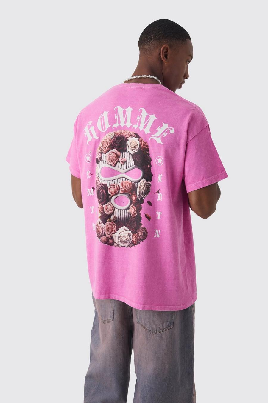 Pink Oversized Floral Mask Graphic Wash T-shirt