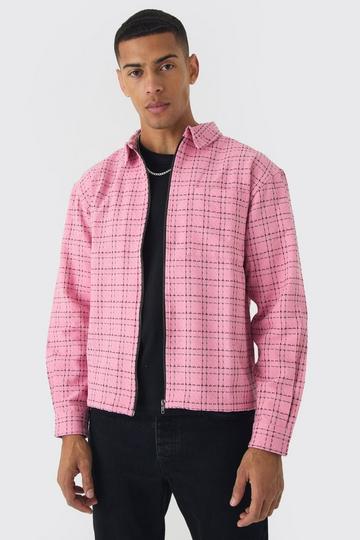 Oversized Boxy Boucle Flannel Zip Shirt Jacket light pink