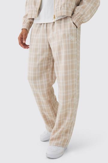 Beige Elasticated Waist Wide Leg Checked Trousers