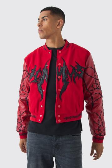 Boxy Homme Embroidered Sleeve Varsity Jacket red