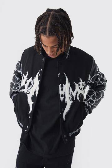 Boxy Homme Embroidered Sleeve Varsity Jacket In Black black