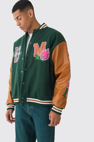 Green Oversized Official Badge Varsity Jacket In Green