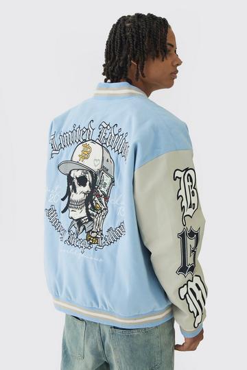 Oversized Limited Edition Skull Varsity Jacket In Blue light blue