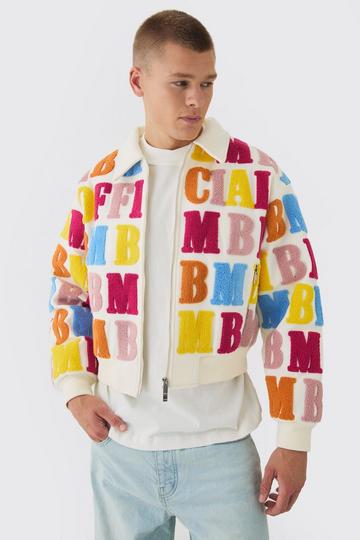 Boxy Letter Badge Collared Varsity Jacket In Ecru ecru