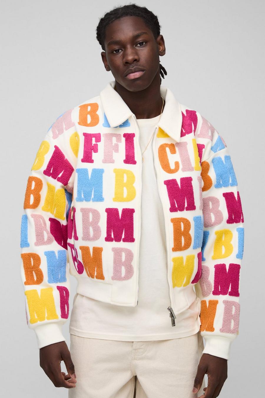 Boxy Letter Badge Collared Varsity Jacket In Ecru | boohoo USA Boxy Letter Badge Collared Varsity Jacket In Ecru | boohoo USA