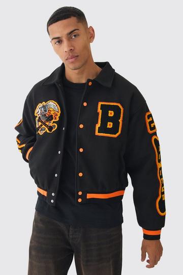 Boxy Badge Collared Varsity Jacket In Black black