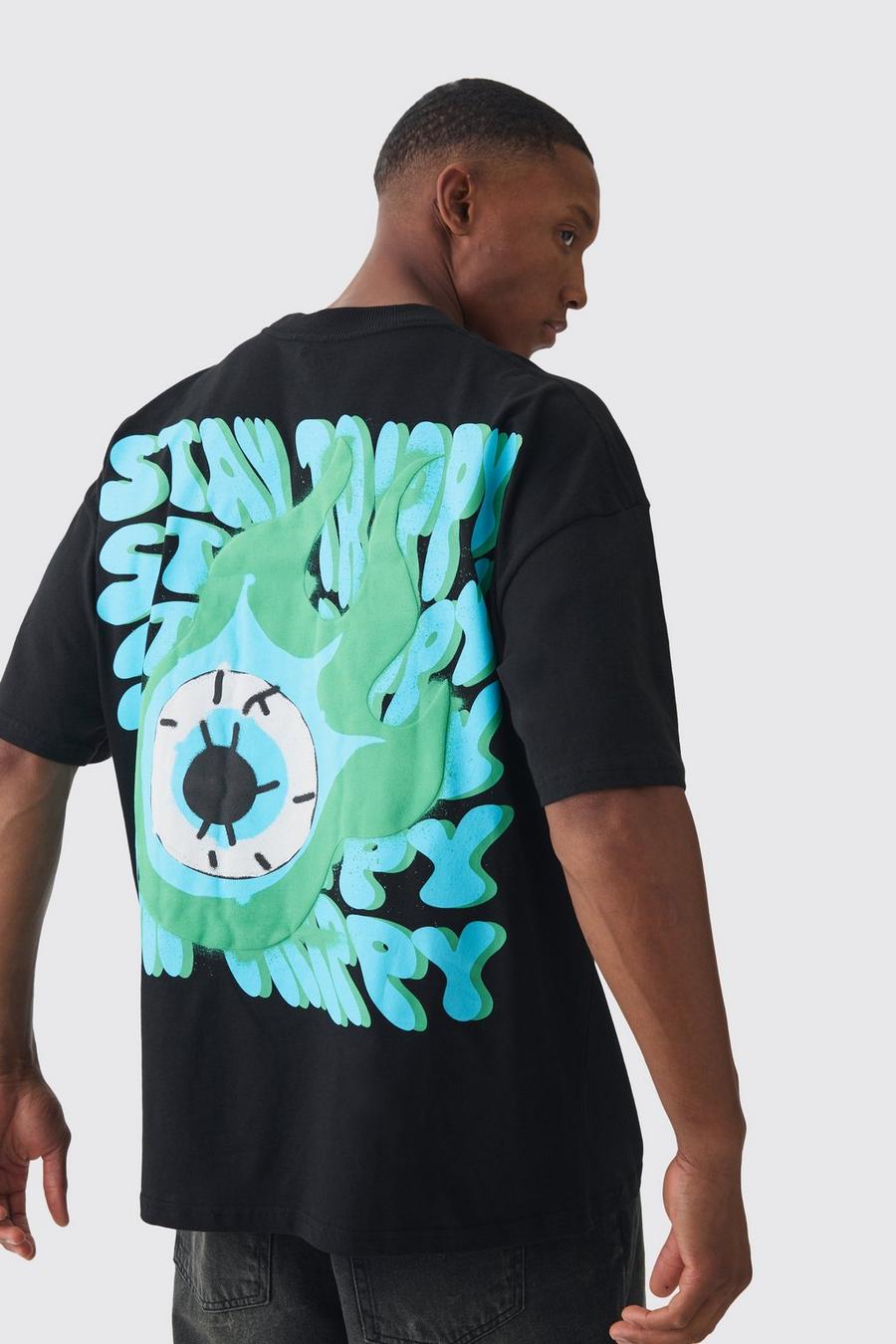 Black Oversized Extended Neck Stay Trippy Graphic T-shirt image number 1