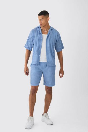 Textured Stripe Revere Shirt & Short Set cornflower