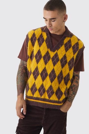 Oversized V Neck Argyle Fluffy Knit Vest chocolate