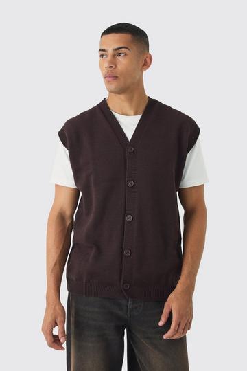 Oversized V Neck Button Through Knitted Tank Top chocolate