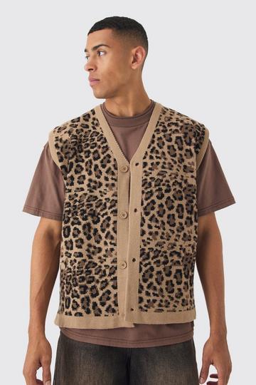 Brown Oversized V Neck Leopard Button Through Knitted Tank Top